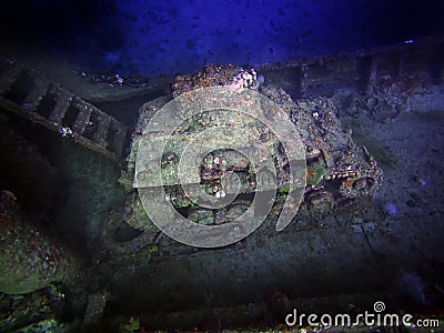 A Japanese Type 95 Ha-Go light tank on the deck of a cargo ship sunk in Truk Lagoon Stock Photo