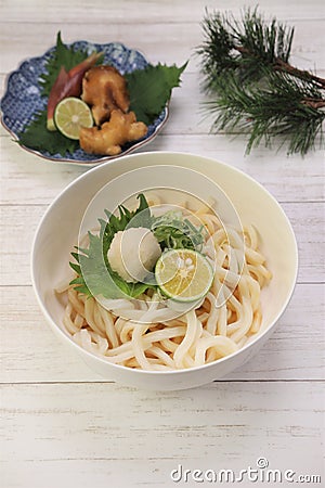 Japanese udon dishes sprinkling soup stock to noodles directly Stock Photo