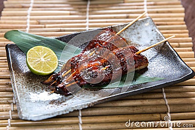 Japanese unagi (eel) Kushiyaki, Skewered and Grilled Meat Stock Photo