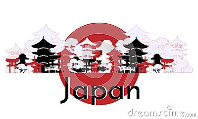 Japanese vector horizontal banner on a white background. National architecture, trees, weather and tori Vector Illustration