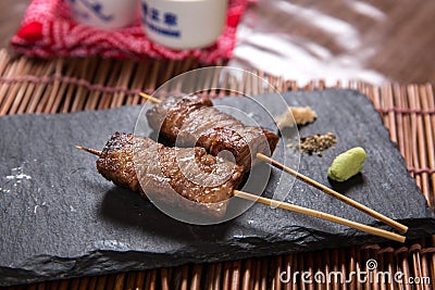 Japanese Wagyu Beef Kushiyaki, Skewered and Grilled Meat Stock Photo