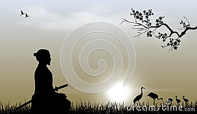 Japanese warrior samurai sun sunset landscape Vector Illustration