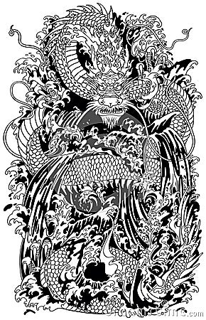 Japanese water dragon. Black and white illustration Vector Illustration