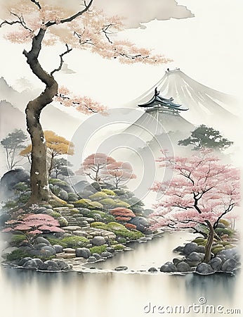 Japanese watercolor scene with a sensation of a fairy garden and a subdued color scheme. Stock Photo
