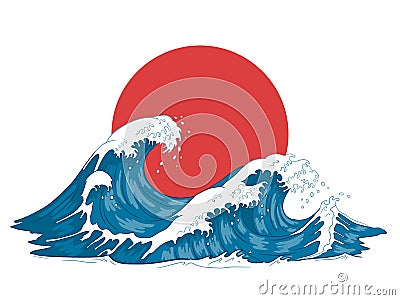 Japanese wave. Japanese big waves, raging ocean and vintage sea water vector illustration Vector Illustration