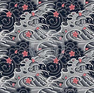 Japanese wave with sakura seamless pattern for textile, background, garments or wallpaper Stock Photo