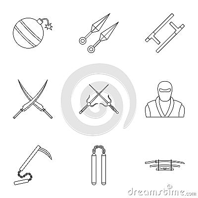 Japanese weapons icons set, outline style Vector Illustration