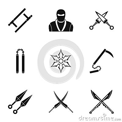 Japanese weapons icons set, simple style Vector Illustration