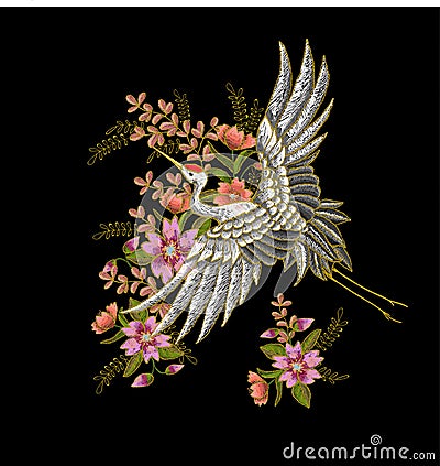 Japanese white crane and flowers. Embroidery vector. Vector Illustration