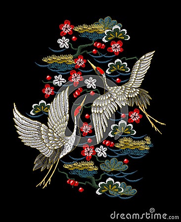 Japanese white cranes with red flowers. Vector Illustration