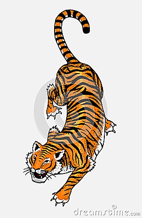 Japanese Wild Tiger. Asian cat. Top view. Fashion patch. Tattoo artwork for Girls. Engraved hand drawn in old vintage Vector Illustration