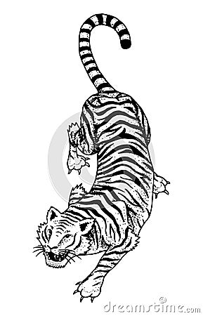 Japanese Wild Tiger. Asian cat. Top view. Fashion patch. Tattoo artwork for Girls. Engraved hand drawn in old vintage Vector Illustration