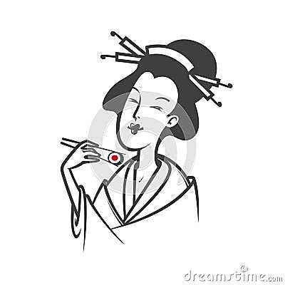 Japanese woman eating sushi Vector Illustration