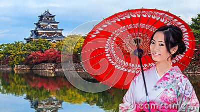 Japanese Woman in front of Hiroshima Castle Editorial Stock Photo
