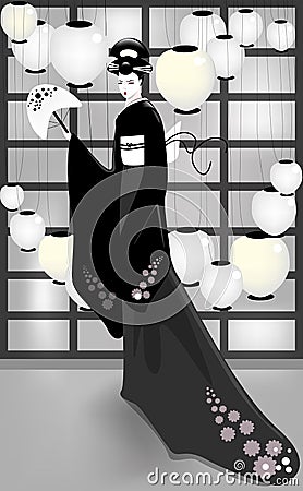 Japanese Woman in Oriental House Stock Photo