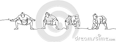 Japanese wrestlers sumo set one line art. Continuous line drawing japan, fight, obesity, big man, person, pre-fight Vector Illustration