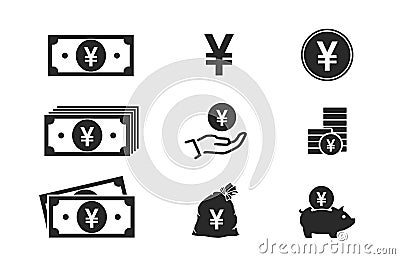 Japanese yen banknotes, coins, cash and money icons. financial and banking infographic elements Vector Illustration