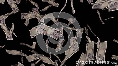 5000 Japanese Yen bills falling down. Banknotes isolated on black background. 3d render. Stock Photo
