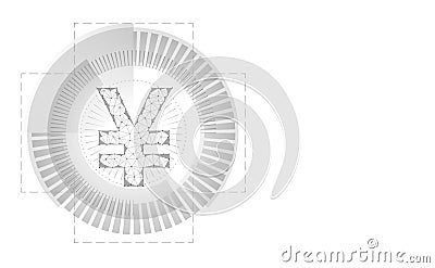 Japanese yen polygonal 3d sign. HUD interface circle panel Japan currency icon white gray low poly triangle futuristic Vector Illustration