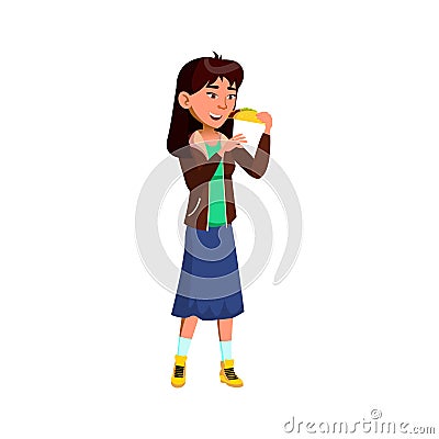 japanese young lady eating tacos fast food on street cartoon vector Vector Illustration