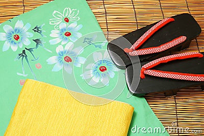 Japanese yukata, obi, and sandals. Stock Photo