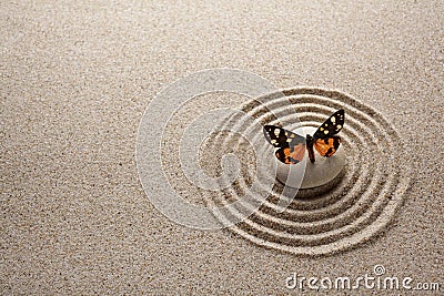 Japanese zen garden stone and butterfly for concentration and relaxation sand and rock for harmony and balance Stock Photo