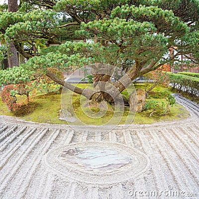 Japanese ZEN garden zen garden meditation stone in lines sand Stock Photo