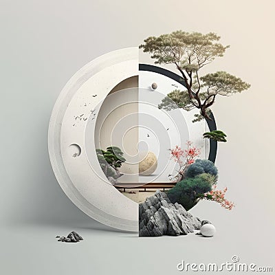 Japanese Zen theme, an illustration of a tree, rocks and a small hut in a round frame with mountains in the background, generative Cartoon Illustration