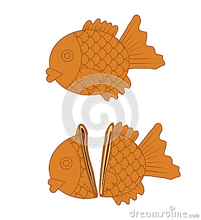 Japanese taiyaki fish- street style sweet with red bean. Delicious Asian desert Vector Illustration