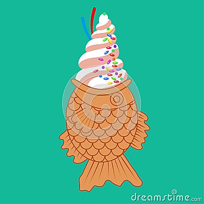 Sweat street style ice cream in fish - taiyaki. Vector Illustration