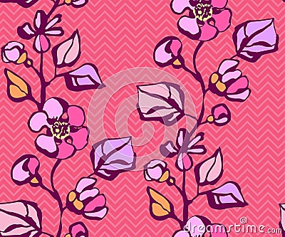 Seamless floral pattern with sakura flowers and ornamental decorative background. Vector pattern. Print for textile, cloth, wallp Vector Illustration