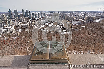 Jaques cartier memorial book and Montreal winter cityscape Editorial Stock Photo