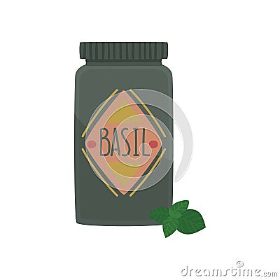 Jar of basil spice herb, element for restaurant or kitchen menu design, cartoon vector Illustration Vector Illustration