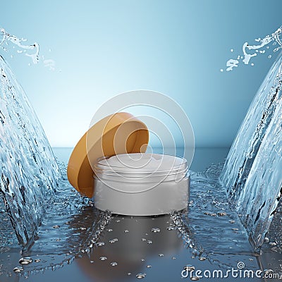 Jar beauty cream moisturizing cosmetics for hands and face. Stream of water and drop hit cosmetic product, white cream. 3d render Stock Photo