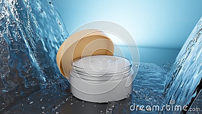 Jar beauty cream moisturizing cosmetics for hands and face. Stream of water and drop hit cosmetic product, white cream. 3d render Stock Photo