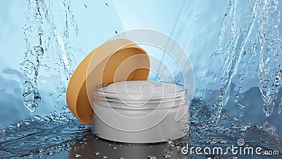 Jar beauty cream moisturizing cosmetics for hands and face. Stream of water and drop hit cosmetic product, white cream. 3d render Stock Photo