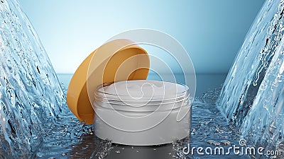 Jar beauty cream moisturizing cosmetics for hands and face. Stream of water and drop hit cosmetic product, white cream. 3d render Stock Photo