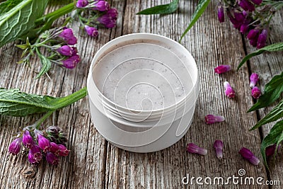 Comfrey root ointment with fresh symphytum plant Stock Photo
