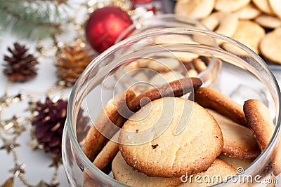 Jar of cookies with pinecones and christmas toys Stock Photo