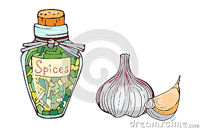 Jar with cooking ingredients pepper garlic paprika curry and seasoning hand drawn style vegetable ingredient vector Vector Illustration