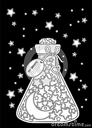 The bottle with dreams in the form of stars and the moon. Vector Coloring book page for adults on black background Vector Illustration