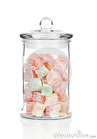 Jar full of colorful delicious dessert Turkish delight Stock Photo