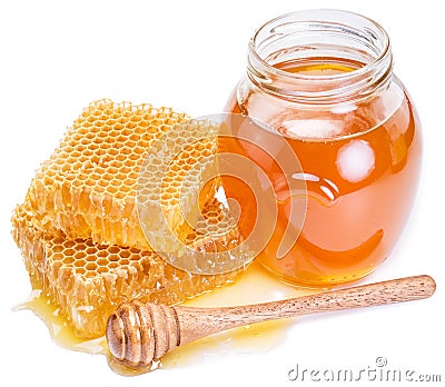 Jar full of fresh honey and honeycombs. Stock Photo