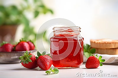 Jar with homemade marmalade or jam with strawberry fruits Stock Photo