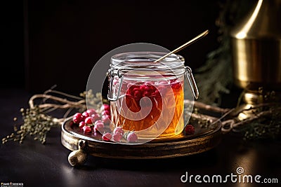 jar of homemade preserves with pourer, ready for gift giving Stock Photo