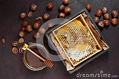 Fresh honey in honey comb, top view Stock Photo