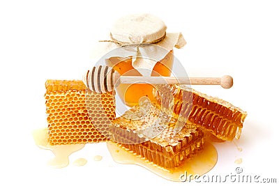Jar of honey with honeycombs Stock Photo
