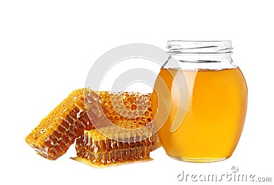 Jar of honey and pieces of fresh combs Stock Photo