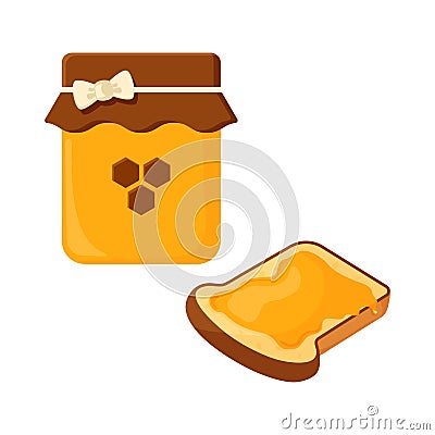 Jar with honey and slice of fried bread, toast. Vector Cartoon Illustration