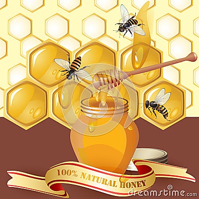 Jar of honey with wooden dipper Vector Illustration